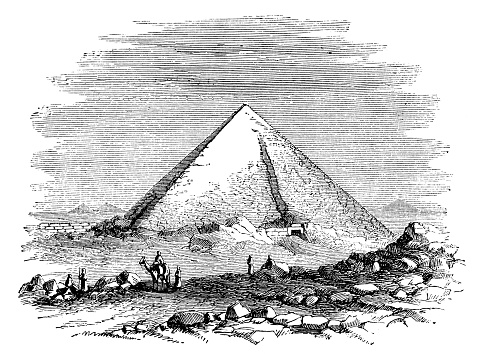 The Great Pyramid in Giza, Egypt. Vintage etching circa 19th century.