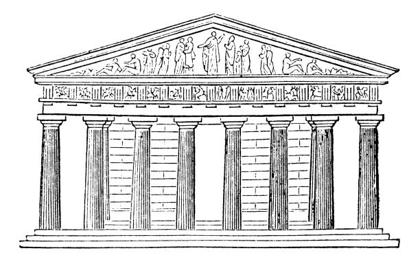The Parthenon in Athens, Greece. Vintage etching circa 19th century.