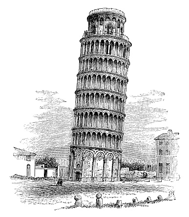 The Leaning Tower of Pisa in Pisa, Italy. Vintage etching circa 19th century.