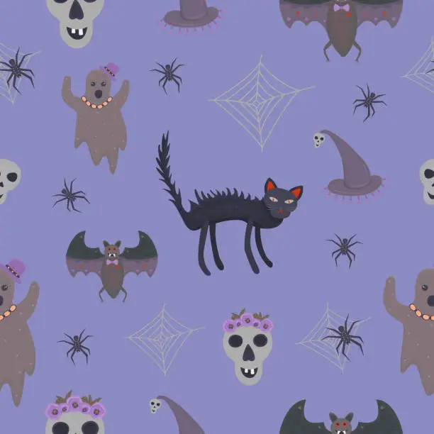 Vector illustration of Halloween seamless pattern, blue background