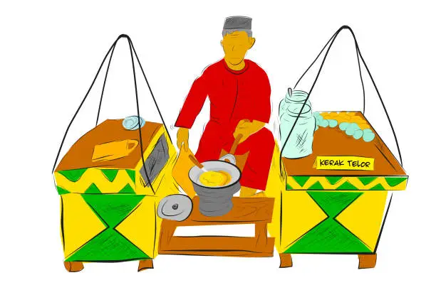 Vector illustration of sketch kerak telur or telor maker and seller,indonesia traditional food, omelette dish made from coconut, sticky rice, chicken or duck egg