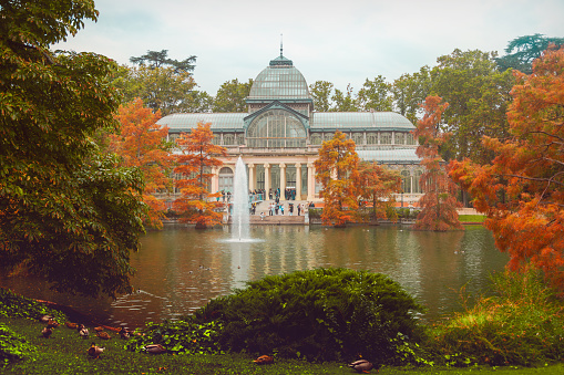 The exquisite Crystal Palace, or Palacio de Cristal, nestled within Retiro Park, Madrid, Spain, presents its enchanting beauty on a rainy autumn day. This architectural wonder, crafted from glass and iron, harmonizes with the park's rich seasonal colors. A testament to Madrid's cultural heritage, it remains a cherished destination for visitors.\nCrystal Palace, Palacio de Cristal, Retiro Park, Madrid, Spain, Autumn, Rainy Day, Architecture, Glass Structure, Iron, Seasonal Colors, Cultural Heritage, Tourist Attraction