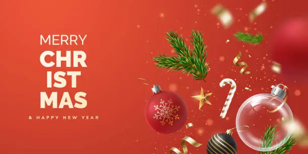 Vector illustration of Merry Christmas and Happy New Year banner design. Levitation of Christmas decorations on red background. Festive design with realistic 3d objects and place for text. Vector illustration