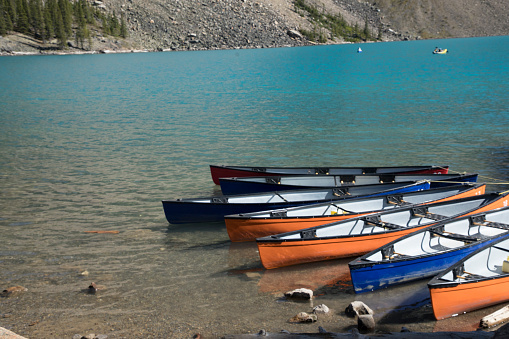 Beautiful view of kayak dock at Lake Moraine in Banff National Park in Canada