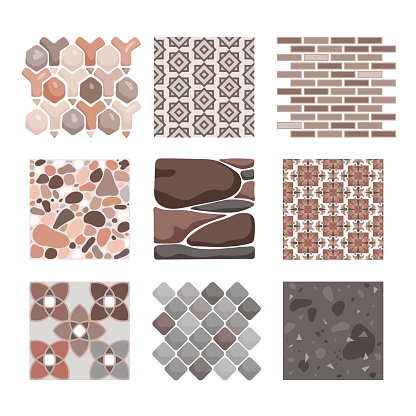 Pavement textures and floor tiles set. Cartoon isolated blocks and stones of paved street and sidewalk, natural bricks of stonewall or footpath in yard, top view pattern collection