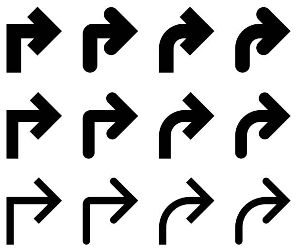 ilustrações de stock, clip art, desenhos animados e ícones de vector illustration set of monochrome bent arrows, curved arrows, l-turn arrows - turning right