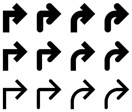Vector illustration set of monochrome bent arrows, curved arrows, L-turn arrows