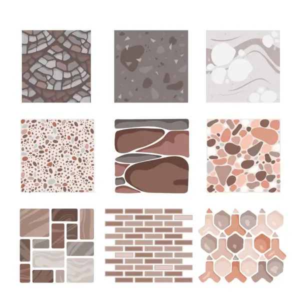 Vector illustration of Cartoon isolated paved sidewalk collection with stones and rocks of different shapes, tiles for floor of natural paving material, geometric pattern. Pavement textures set, top view