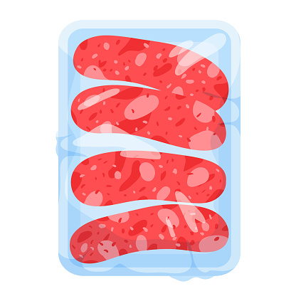 Sausages in plastic tray vector illustration. Cartoon isolated portion of frozen or fresh cold delicatessen meat sausages for barbecue and grill in supermarket container, box in polyethylene wrap