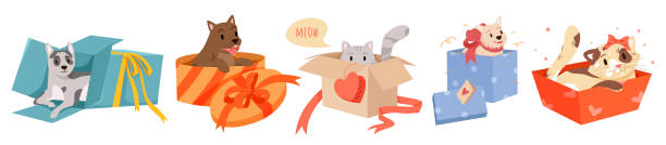 Cartoon isolated adorable pets playing, sitting and hiding in present cardboard boxes with ribbons and bow, funny fluffy animals to adopt. Happy cats and dogs in gift boxes set vector illustration. Cartoon isolated adorable pets playing, sitting and hiding in present cardboard boxes with ribbons and bow, funny fluffy animals to adopt. Happy cats and dogs in gift boxes set vector illustration kitten gift stock illustrations