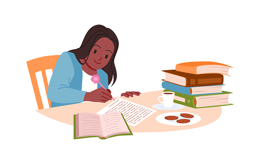 Studying kid student writing on sheet of paper vector illustration. Cartoon isolated education scene with girl sitting at table to study and write with pen, desk with pile of books and notebook