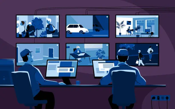 Vector illustration of Cartoon officers characters monitor private property and public area, roads. Security guards control CCTV camera system in dark room of video surveillance center with screens.