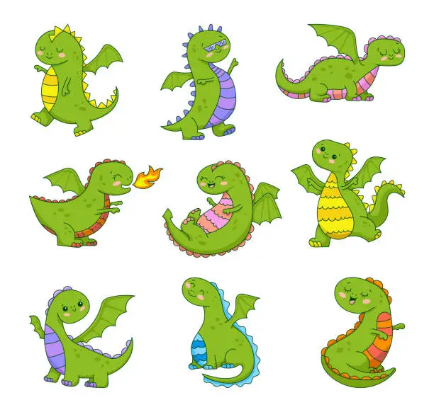 Vector illustration of Happy funny green dragon. Cute character. Fairytale monsters. Hand drawn style. Vector drawing. Collection of design elements.