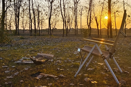 Chair in the woods at sunset