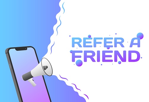 Refer a friend sign. Flat, purple, refer a friend, phone mockup, text from a megaphone, refer a friend. Vector icon