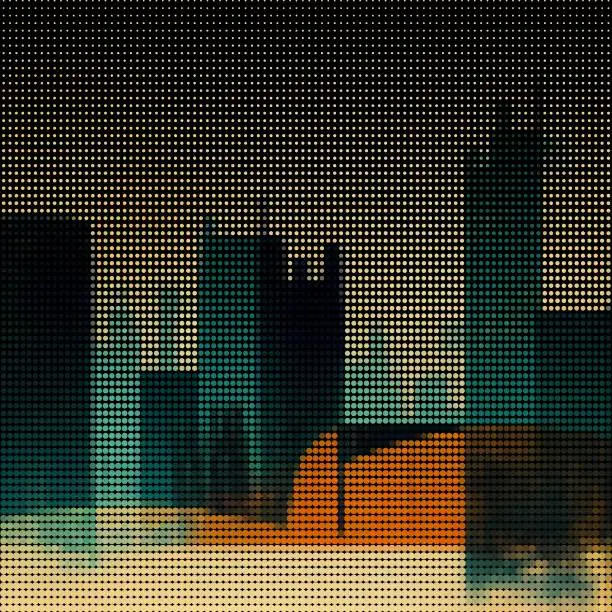 Vector illustration of Abstract cityscape halftone dots background. Vector illustration