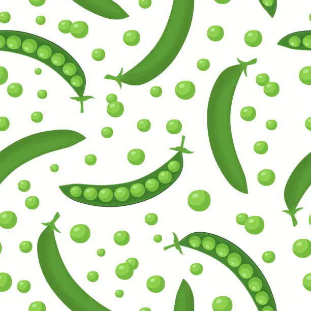 Vector illustration of Vector Seamless Pattern with Flat Cartoon Green Peas. Fresh Cartoon Organic Vegetables Isolated on a White Background. Pods of Green Peas. Vector Illustration