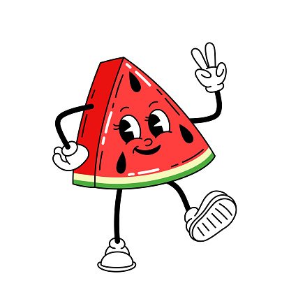 Cute retro character concept. Watermelon slice with legs in old style. Back to 80s and 90s, hippie era. Natural and organic fruit. Cartoon flat vector illustration isolated on white background