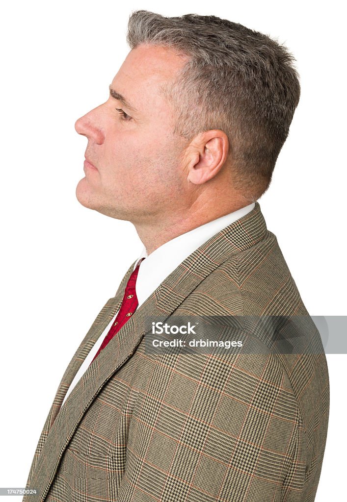 Profile Side View Of Mature Man In Blazer and Tie Portrait of a mature man isolated on a white background.  50-54 Years Stock Photo