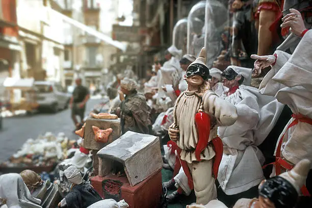 "Puppets of Pulcinella, typical masquerade character, in the small streets in San Gregirio Armeno,  the centre of NapoliNapoli, The Heart of Italy LIGHTBOX:"