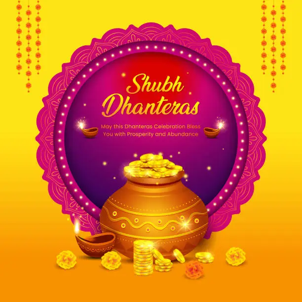 Vector illustration of Beautiful background of indian festival happy Dhanteras / Diwali celebration. Dhanteras pot with gold coins, diyas (oil lamps) and decorative elements.