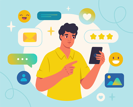 Feedback in social media concept. Man with smartphone near reactions. Reviews, ratings and rankings. Graphic element for website. Cartoon flat vector illustration isolated on white background