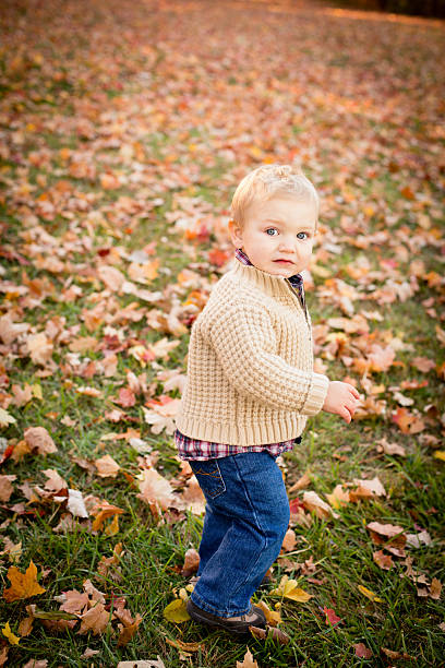 istock Cute, Blond-Haired Little Boy Walking Outside on Fall Day 174751947