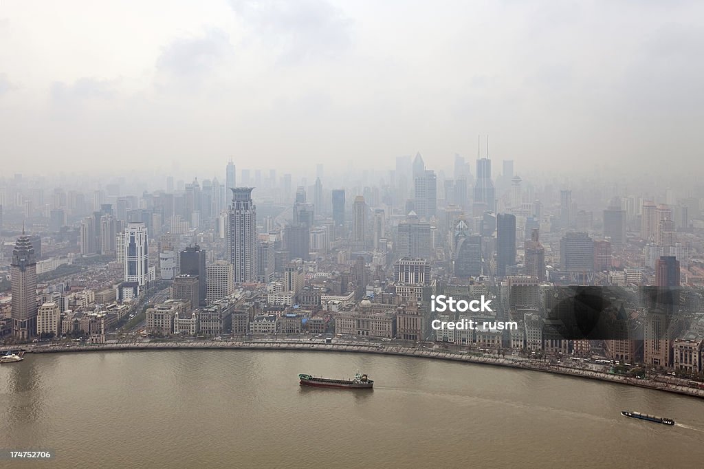 Shanghai smog "Air pollution over Shanghai, China" Aerial View Stock Photo