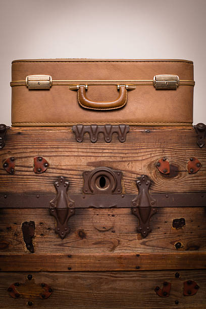 istock Retro Brown Suitcase, Sitting on Wood Trunk 174752742
