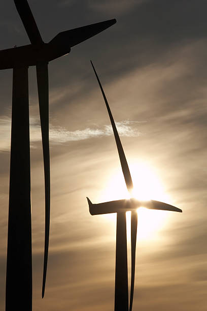 Close view of wind turbines stock photo