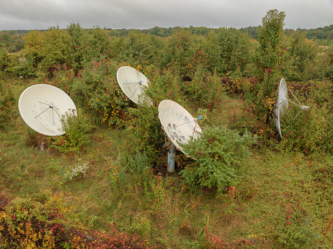 Abandoned satellite dish broadcast antenna in a field with overgrown vegetation.
