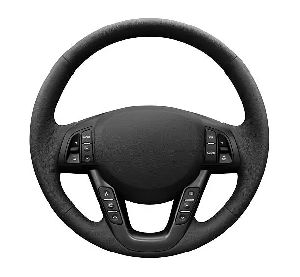 "Modern multifunction leather steering wheel, isolated on white background.Related Images:"