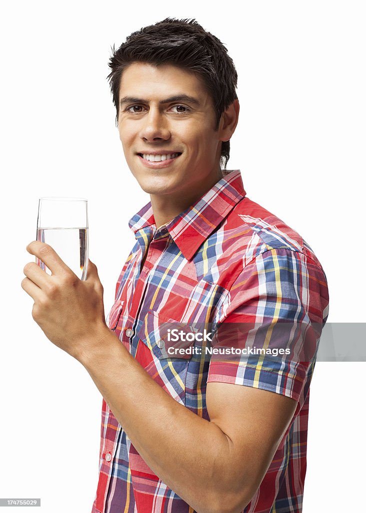Uomo che tiene un bicchiere di acqua isolato - Foto stock royalty-free di A quadri