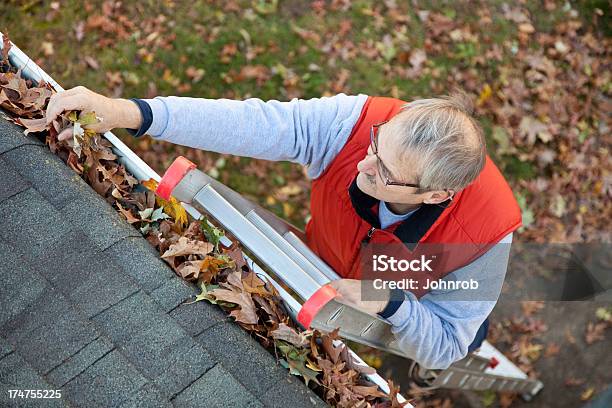 Man Up Ladder Cleaning Leafs Out Of Gutter On House Stock Photo - Download Image Now