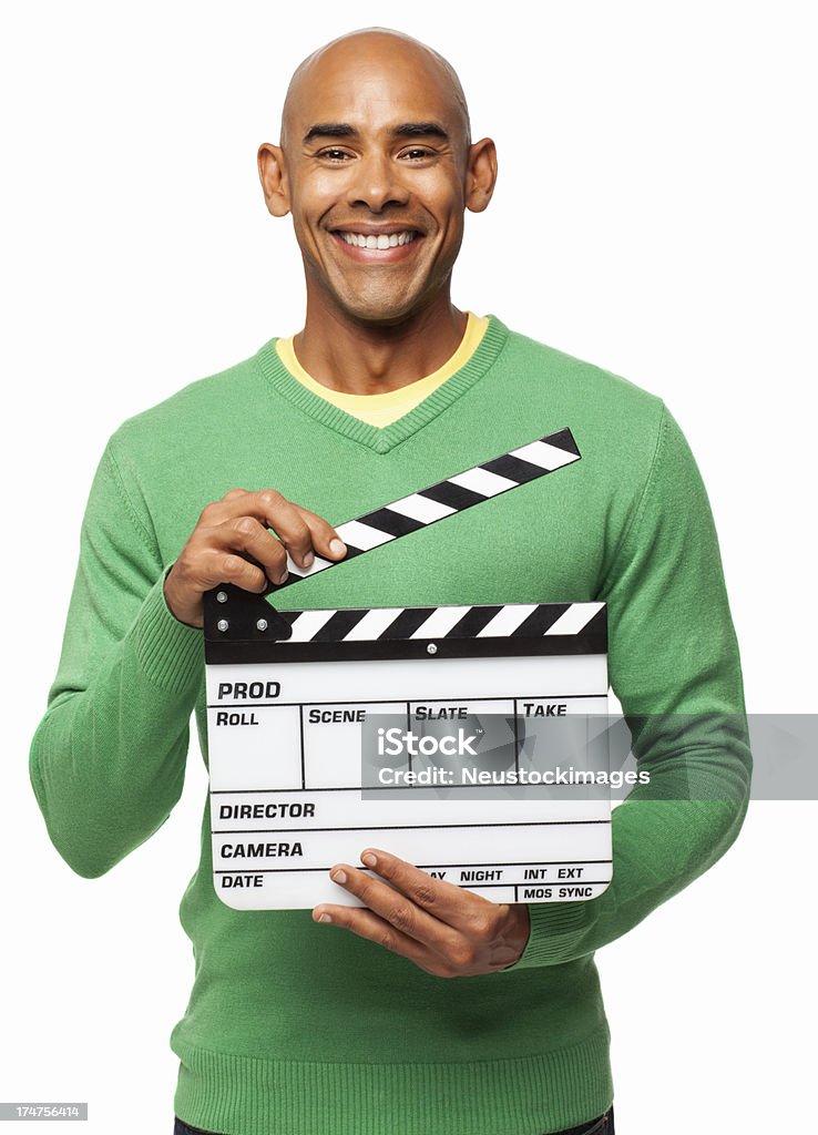 Uomo che tiene un Open ciak-isolato - Foto stock royalty-free di Ciac cinematografico