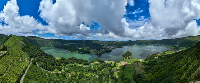 Mountain landscape with hiking trail and view of beautiful lakes Ponta Delgada, Sao Miguel Island, Azores, Portugal