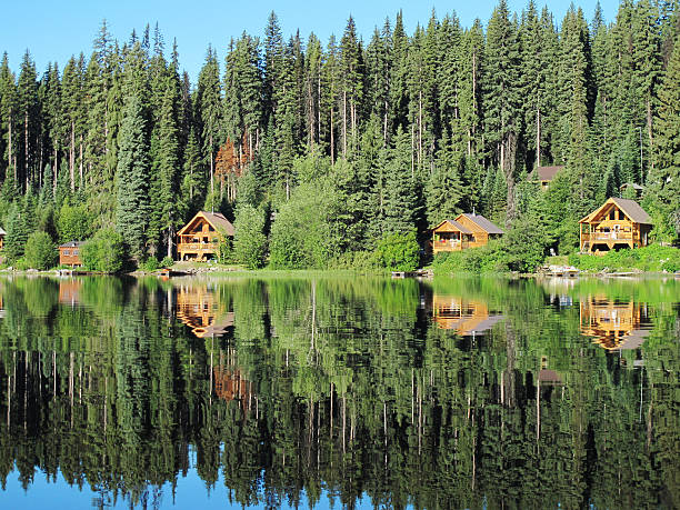 istock Cabins in the woods on tranquil lake 174760246