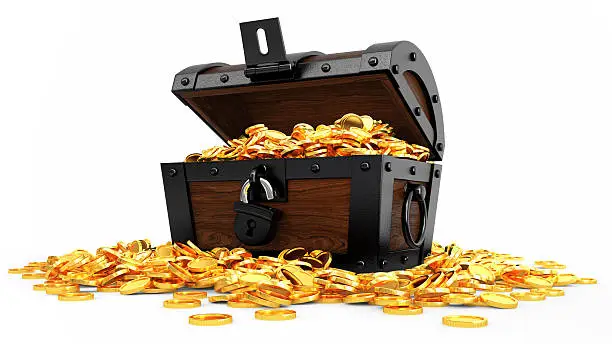Digitally generated image of opened chest full of golden coins. Isolate on white