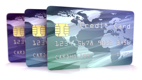 A set of 3 generic credit cards on a white background.