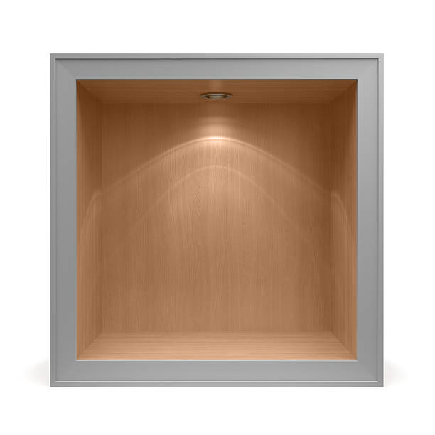 3d empty wooden shelf with aluminum frame