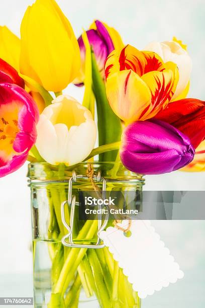 Hermoso Vibrante Tulipanes En El Recipiente Foto de stock y más banco de imágenes de Amarillo - Color - Amarillo - Color, Arreglo floral, Arriba de