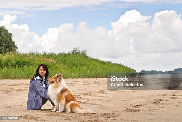 Collie Dog And Woman On The Beach Stock Photo - Download Image Now - People, Rough Collie, 40-44 Years