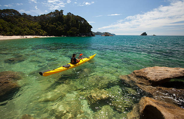 Kayaker, Abel Tasman National Park, Nelson, New Zealand "Photo of a single sea kayaker in remote bay within Abel Tasman National Park, Nelson, New Zealand." abel tasman national park stock pictures, royalty-free photos & images