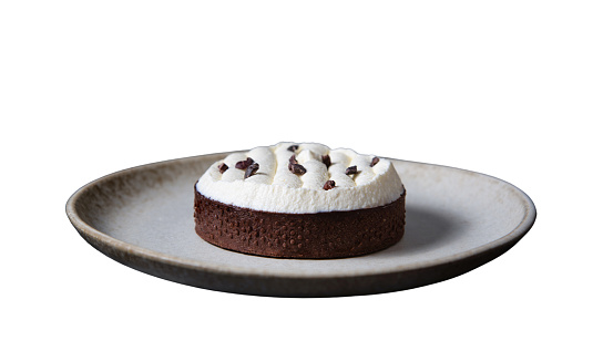 Chocolate cake served in a plate, snack, bakery, snack, dessert on white background.