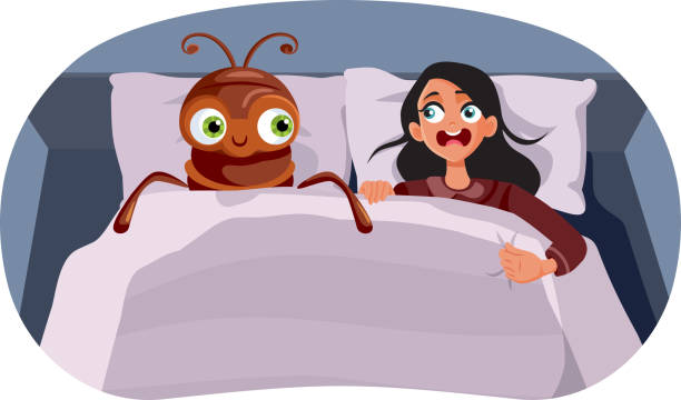 Femme effrayée se reposant à côté d’un dessin animé vectoriel géant de punaises de lit - Illustration vectorielle