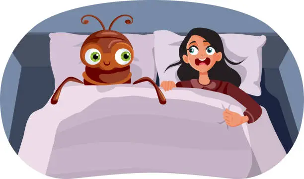 Vector illustration of Scared Woman Resting Next to a Giant Bed Bug Vector Cartoon