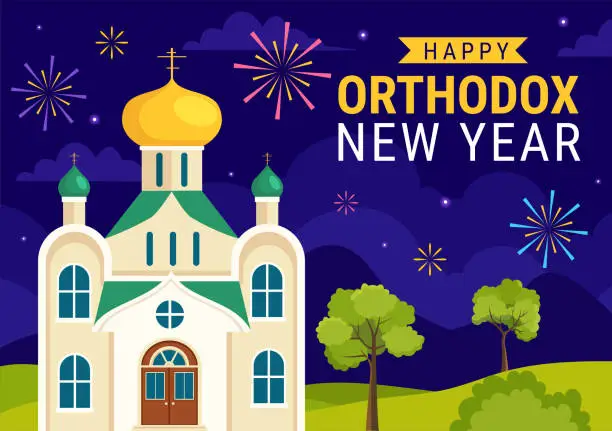 Vector illustration of Happy Orthodox New Year Vector Illustration on 14 January with Church and Fireworks for Poster or Banner in Flat Cartoon Background Design