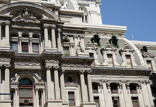 Low angle view of  the ornate city hall in the heart of the city of Philadelphia.