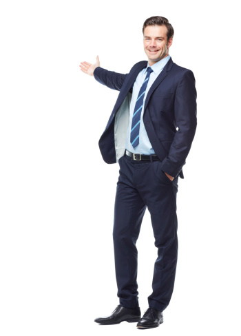 A full length studio portrait of a young executive raising his hand to copyspace
