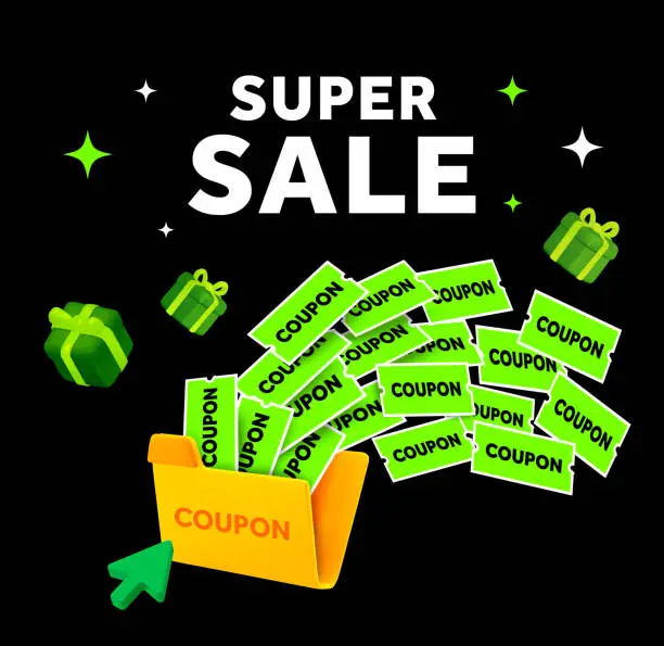 Vector illustration of Black friday super sale banner template with many green coupons and gift boxes flying out. Premium price special event gift card. Hot deal offer poster. 2d flat vector illustration.